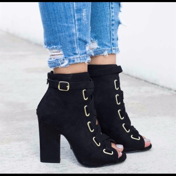 Suede Lace Up Open Toe Booties - Picture 3 of 4